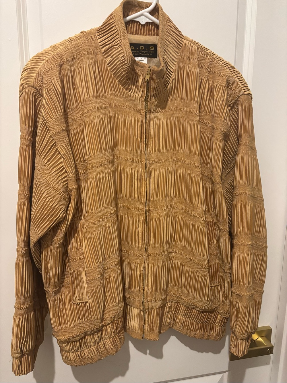 Amazing Vintage A.D.S. San Francisco 1980s Gold Satin Pleated Bomber Jacket S